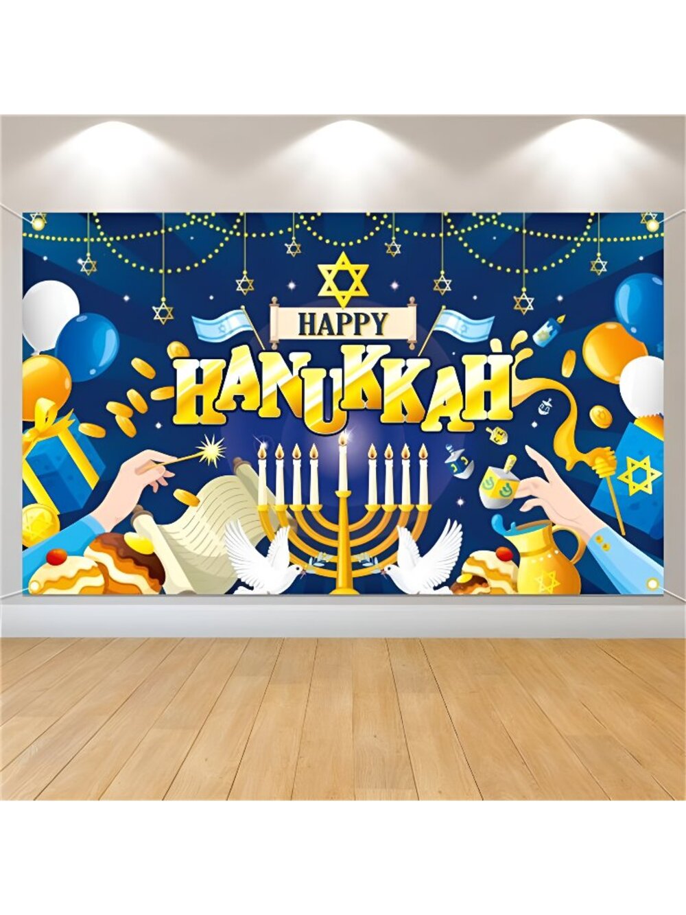 Happy Hanukkah Photography Backdrop Menorah Blue Shiny Lamps Chanukah Background
